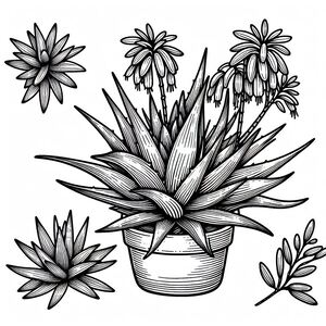 A black and white drawing of a potted plant