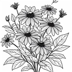 A black and white drawing of a bouquet of flowers