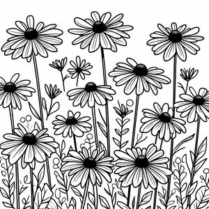 A black and white drawing of daisies