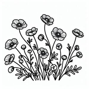 A black and white drawing of flowers