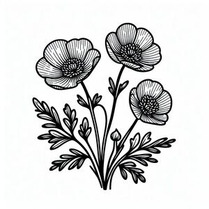 A black and white drawing of three flowers