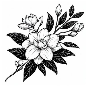 A black and white drawing of a flower