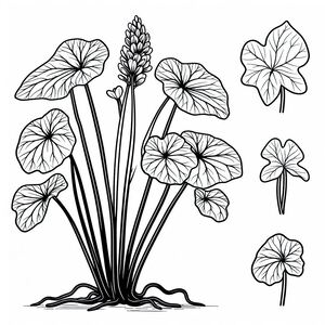 A black and white drawing of flowers and leaves
