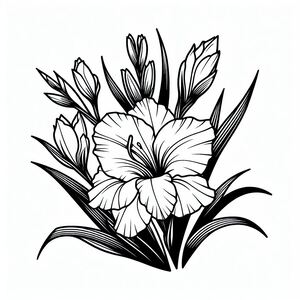 A black and white drawing of a flower