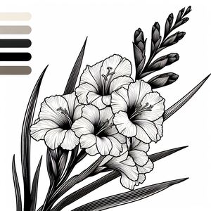 A black and white drawing of flowers on a white background