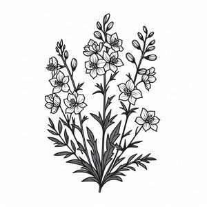 A black and white drawing of flowers on a white background