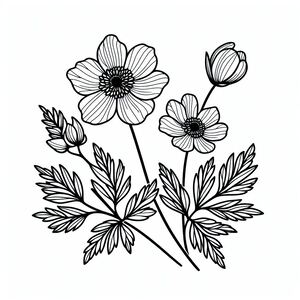 A black and white drawing of three flowers