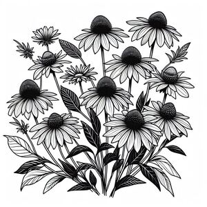A black and white drawing of a bunch of flowers
