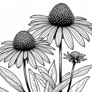 A black and white drawing of three flowers