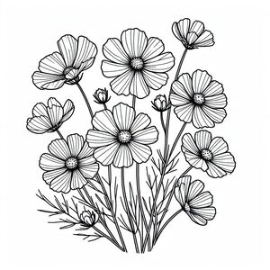 A black and white drawing of flowers