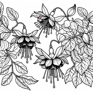 A black and white drawing of flowers and leaves