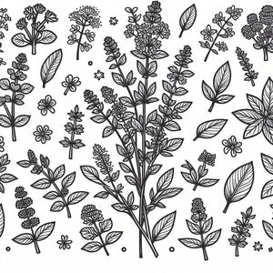 A black and white drawing of flowers and leaves