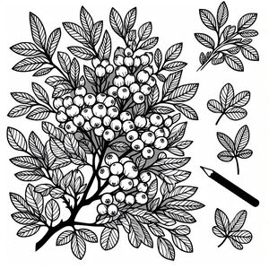 A black and white drawing of berries and leaves