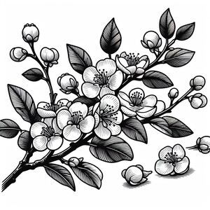 A black and white drawing of a branch with flowers