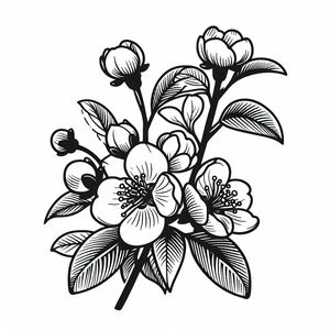 A black and white drawing of flowers on a white background
