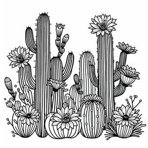 A line drawing of a cactus with flowers 3