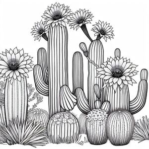 A line drawing of a cactus with flowers