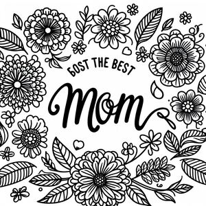 A black and white drawing of flowers with the word mom in the middle