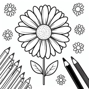 A flower with pencils and a flower coloring page