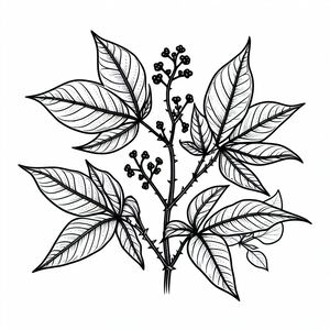 A black and white drawing of a plant with leaves
