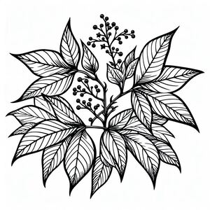 A black and white drawing of leaves and berries