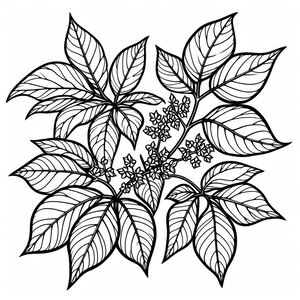 A black and white drawing of leaves and flowers