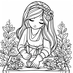 A girl in the garden with flowers and plants
