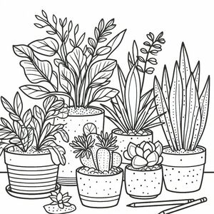 A black and white drawing of potted plants