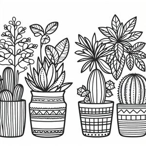 A line drawing of three potted plants