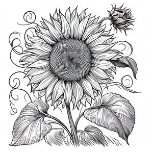 A black and white drawing of a sunflower