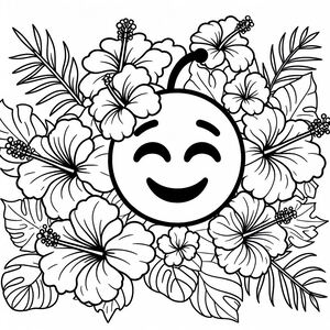 A black and white drawing of a smiley face surrounded by flowers