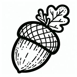 A black and white drawing of an acorn