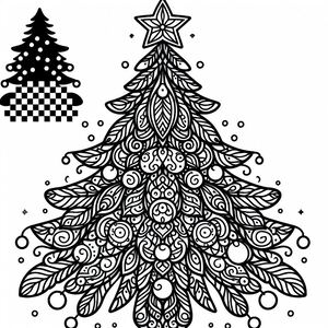 A black and white christmas tree with ornaments