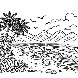 Very beautiful beach scenery with flying storks