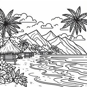 Resort beach scenery with huts