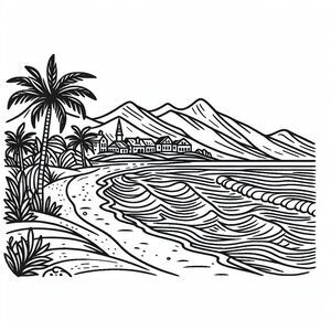 Beach scenery with mountains and big waves