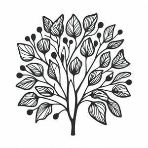 A black and white drawing of a tree with leaves