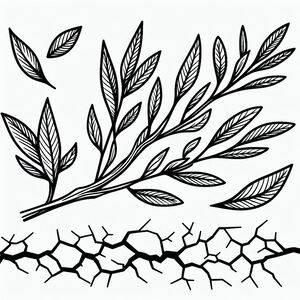 A black and white drawing of a branch with leaves