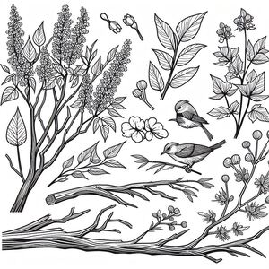 A black and white drawing of flowers and birds