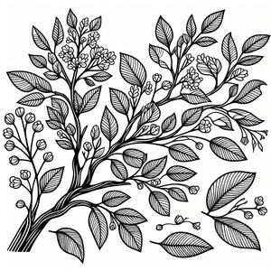 A black and white drawing of leaves and berries