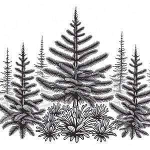 A black and white drawing of pine trees