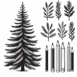 A set of pencils and a pine tree