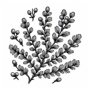 A black and white drawing of a tree branch