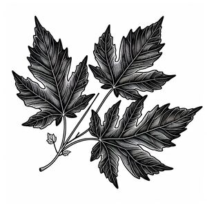 A black and white drawing of three leaves