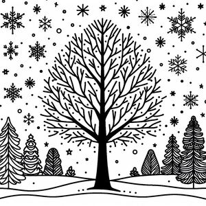 A black and white drawing of a tree in the snow 4