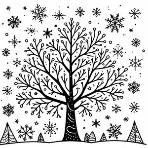 A black and white drawing of a tree with snowflakes