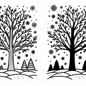 Two black and white trees with snowflakes on them