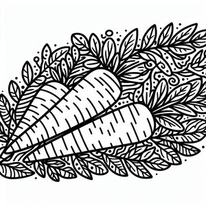 A black and white drawing of carrots surrounded by leaves
