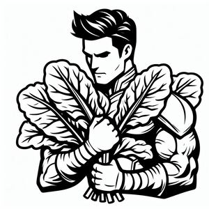 A black and white drawing of a man holding lettuce