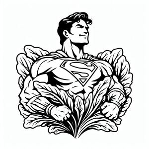 A black and white drawing of a superman with lettuce